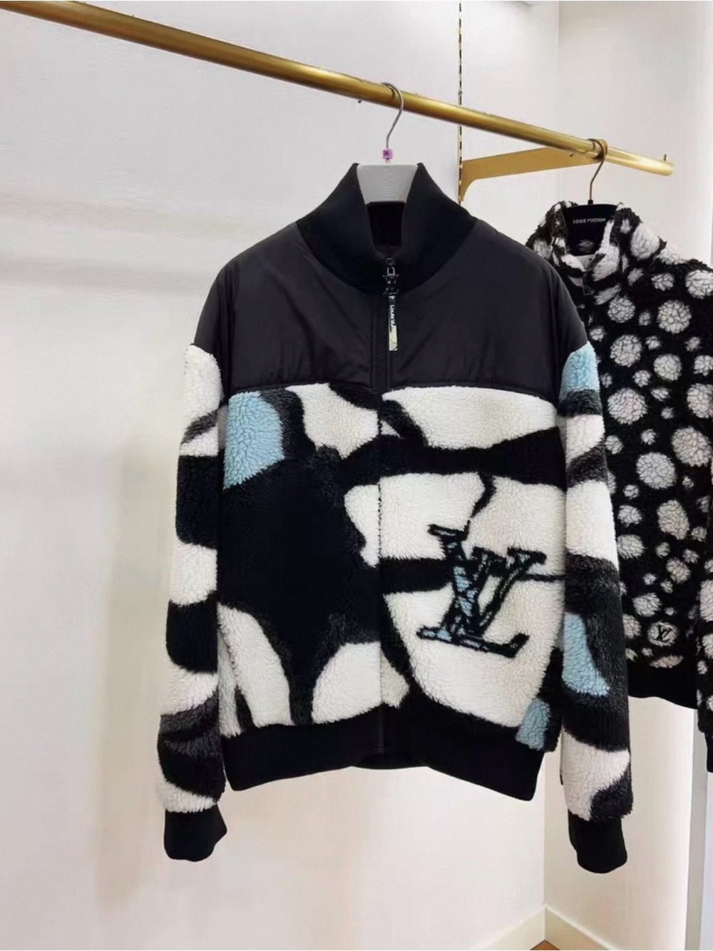 Louis Vuitton Black, White & Light Blue Teddy Shearling Zip Jacket